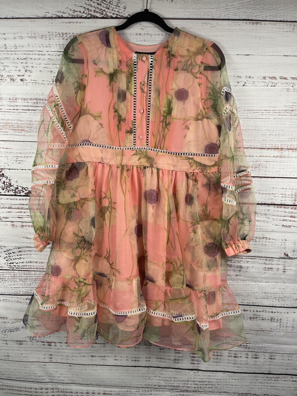 Cynthia Rowley Dress Women's Size XS Pink Floral Sheer Chiffon Boho Long Sleeve